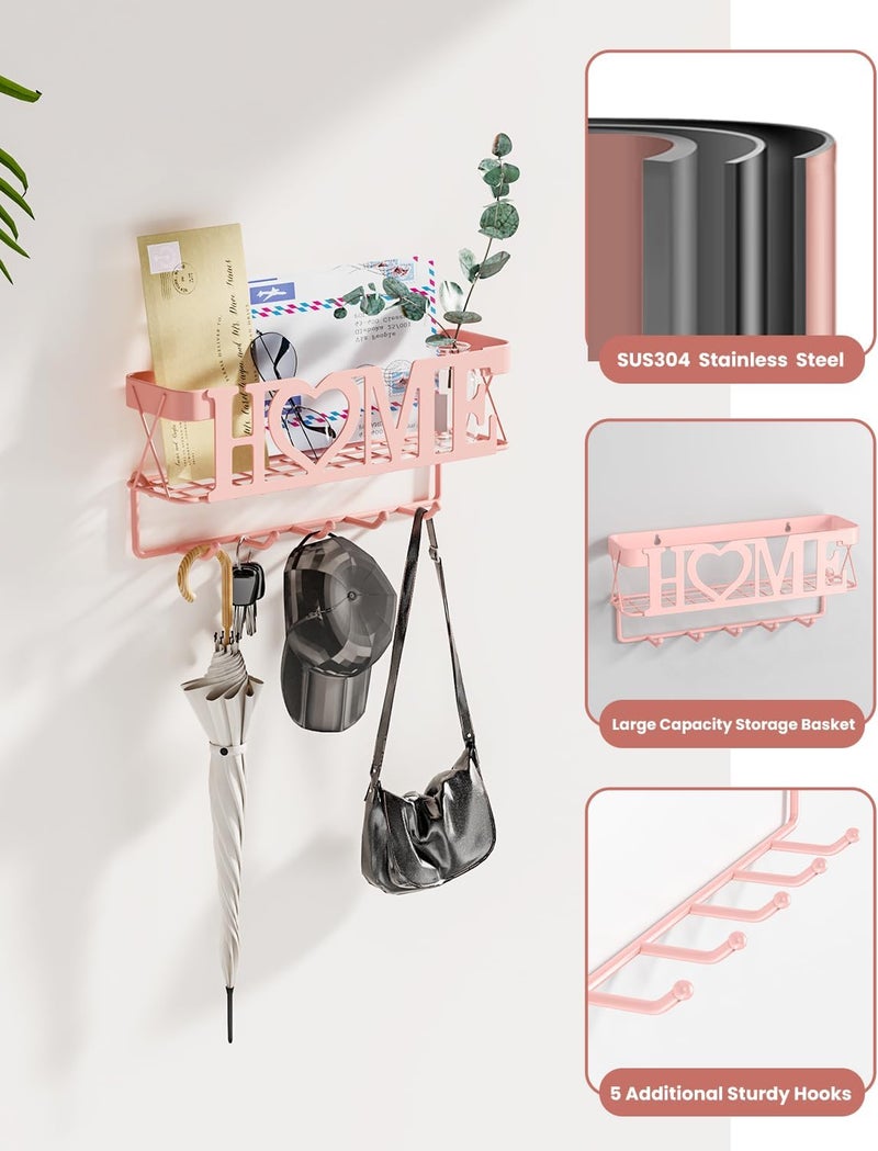 OHOBABY Key Holder for Wall - Adhesive Key Rack with 5 Key Hooks, 11.02" L×2.75" W×4.92" H, Key and Mail Organizer Wall Mount, Key Hanger for Wall, Entryway, House, Living Room Decor(Pink) - Image 3